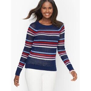 Talbots Open Stitch Crewneck Sweater Women's X XLP Navy Multi Stripe Long Sleeve